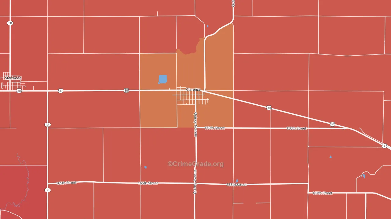 Clarence, IA Map of Robbery Rates