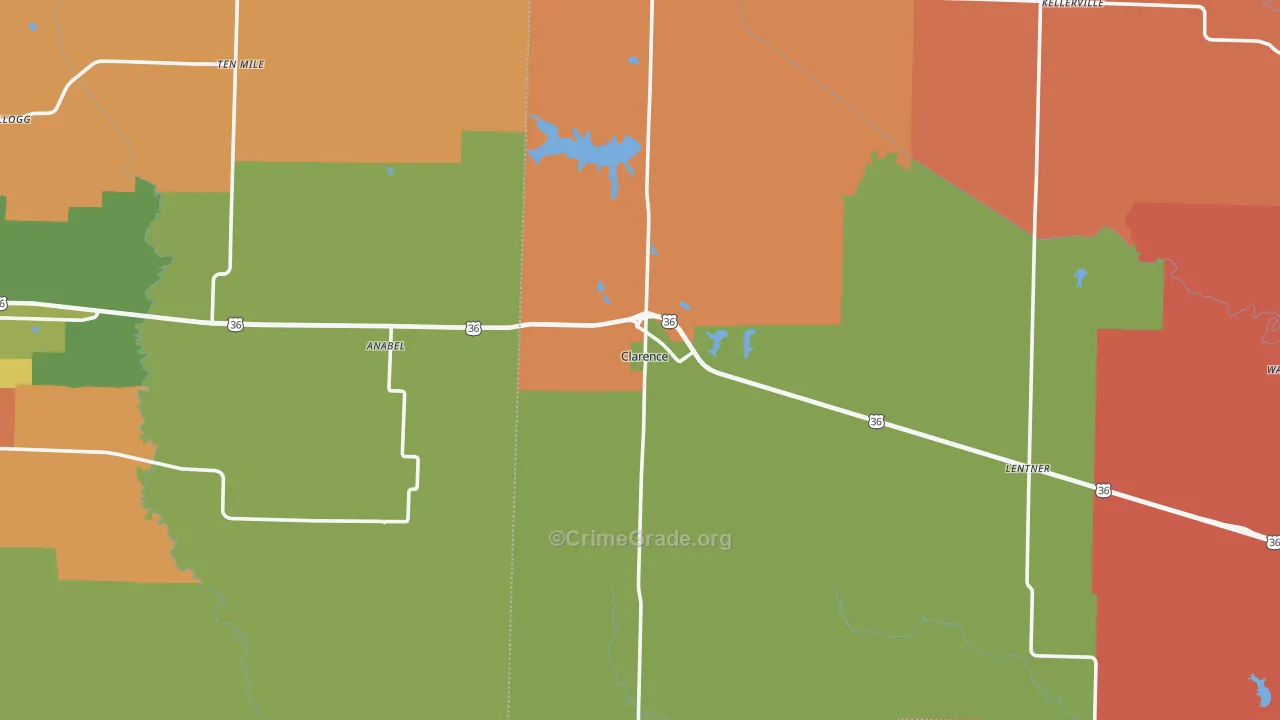 Clarence, MO Map of Robbery Rates