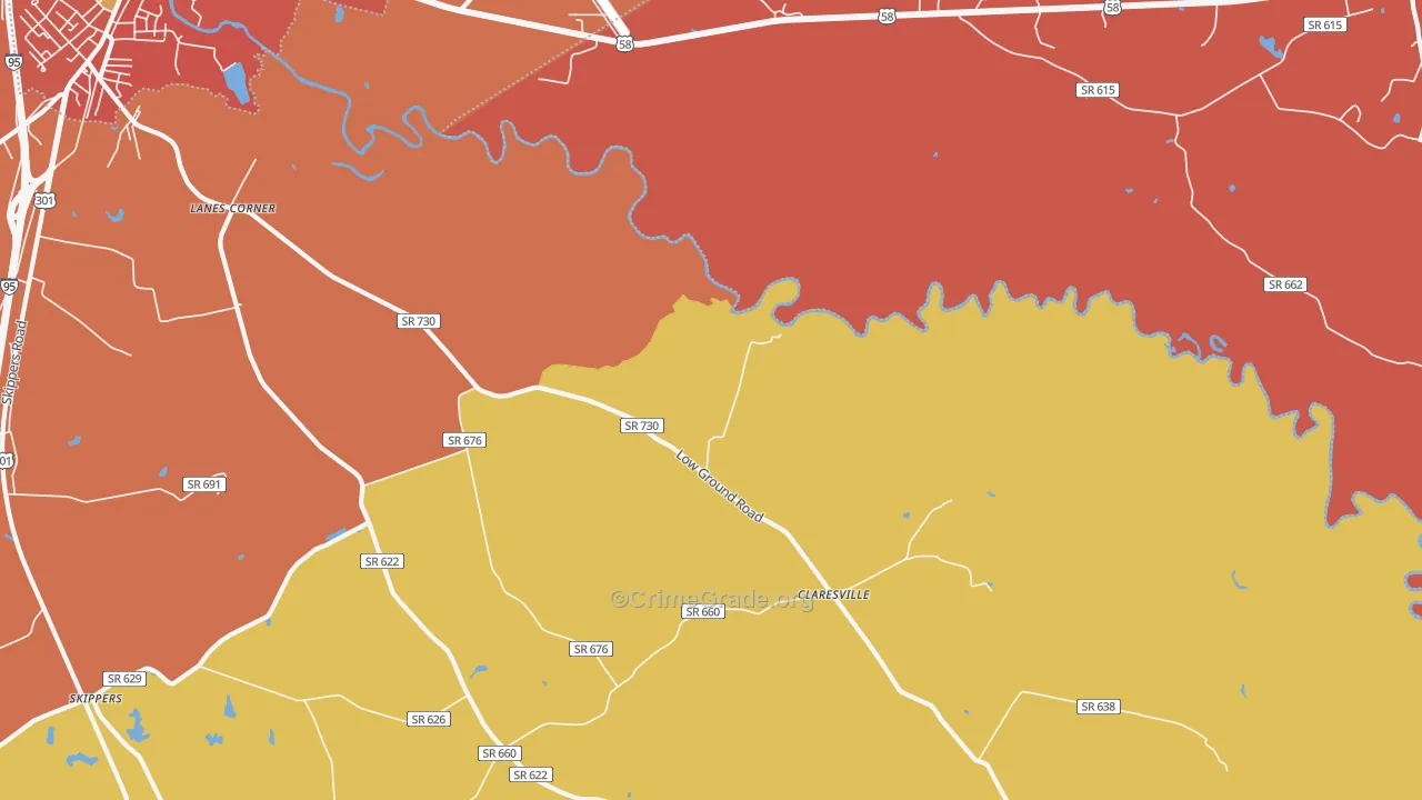 Claresville, VA Map of Robbery Rates