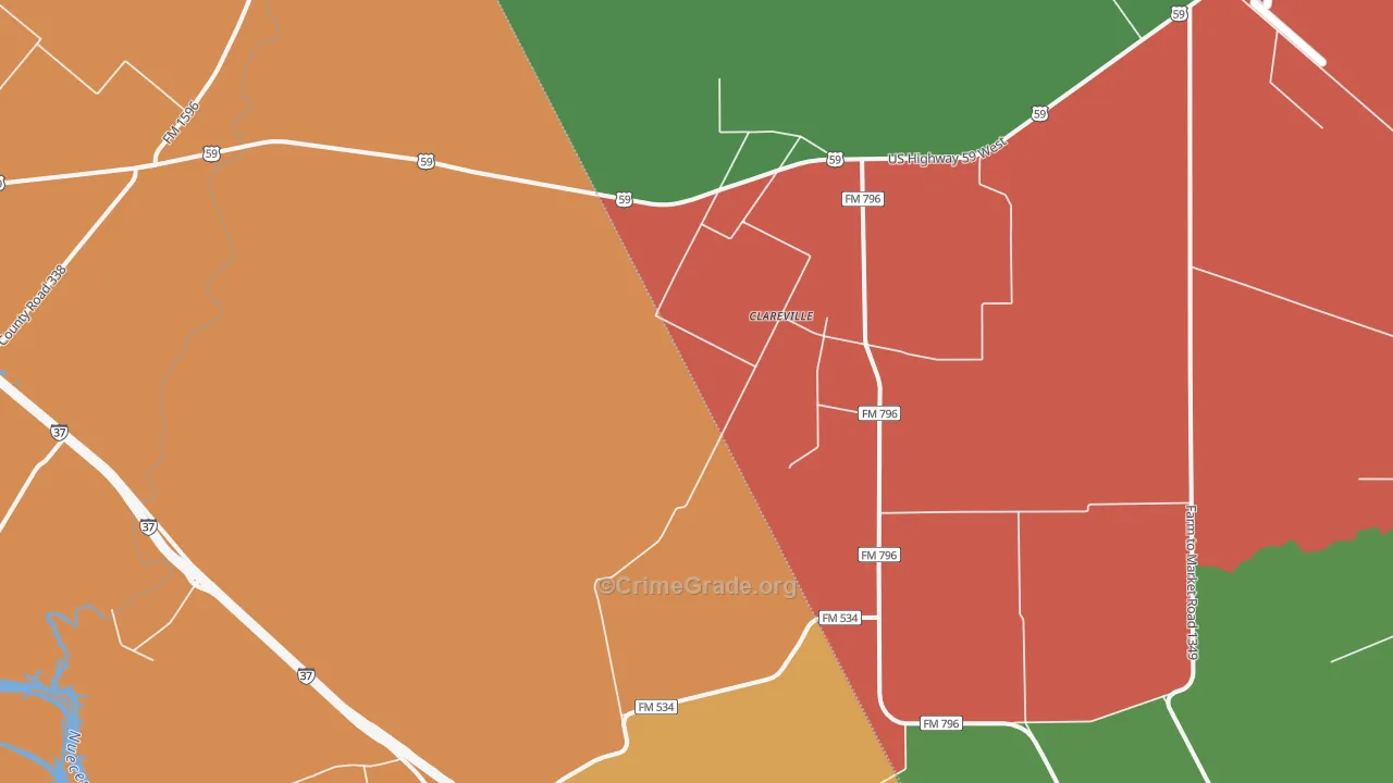 Clareville, TX Map of Robbery Rates