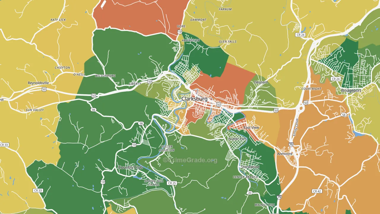 Clarksburg, WV Map of Robbery Rates