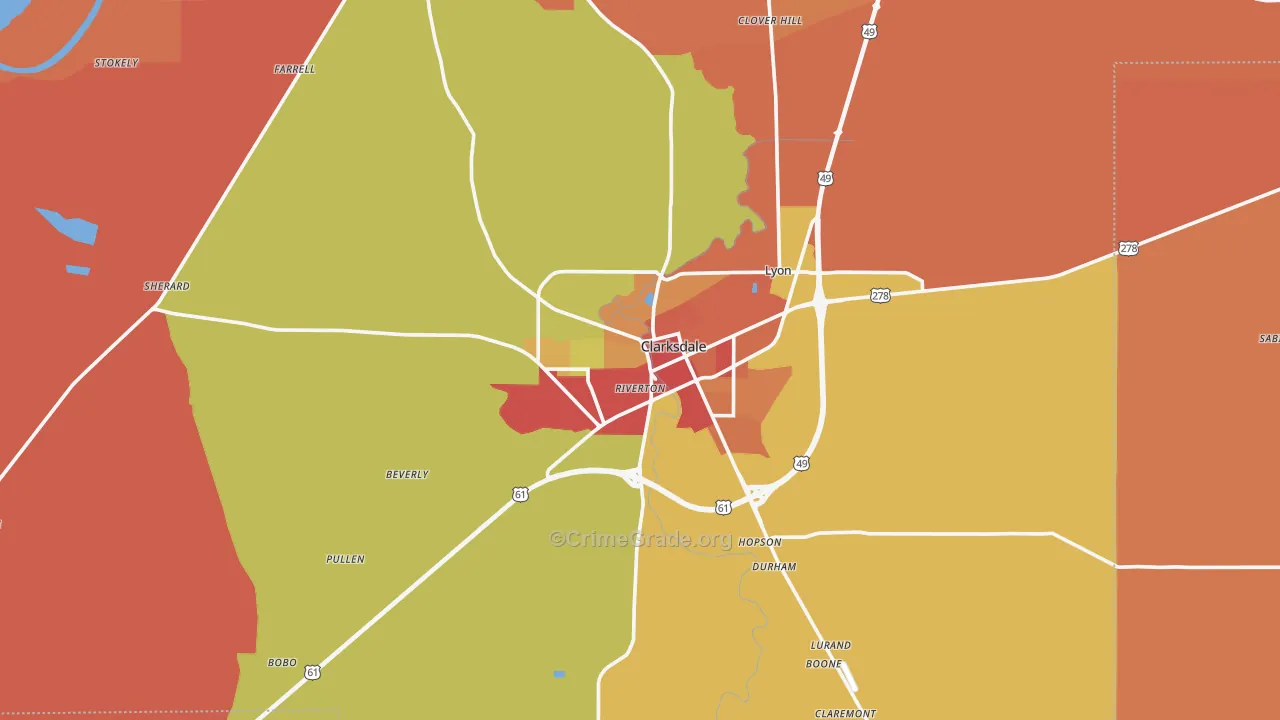 Clarksdale, MS Map of Robbery Rates