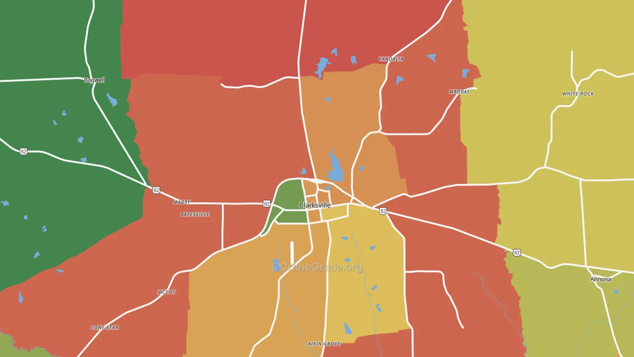 Clarksville, TX Map of Robbery Rates