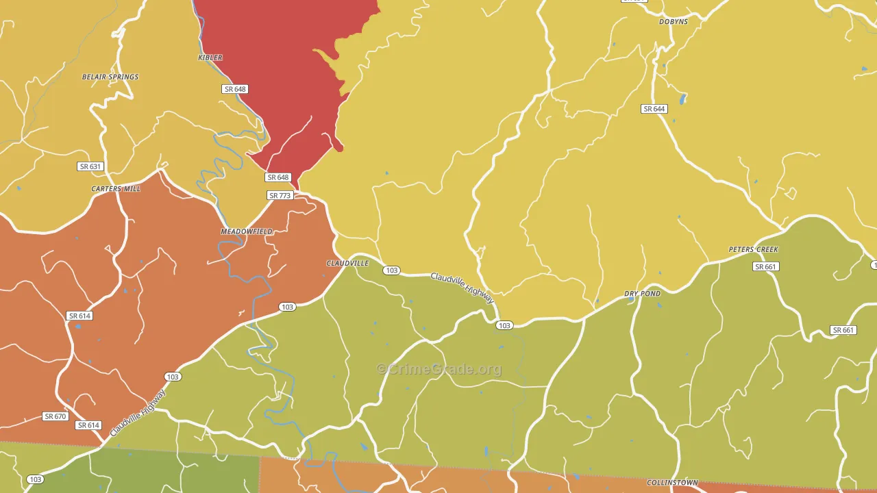 Claudville, VA Map of Robbery Rates