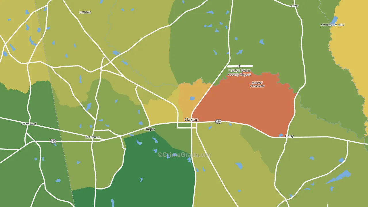 Claxton, GA Map of Robbery Rates