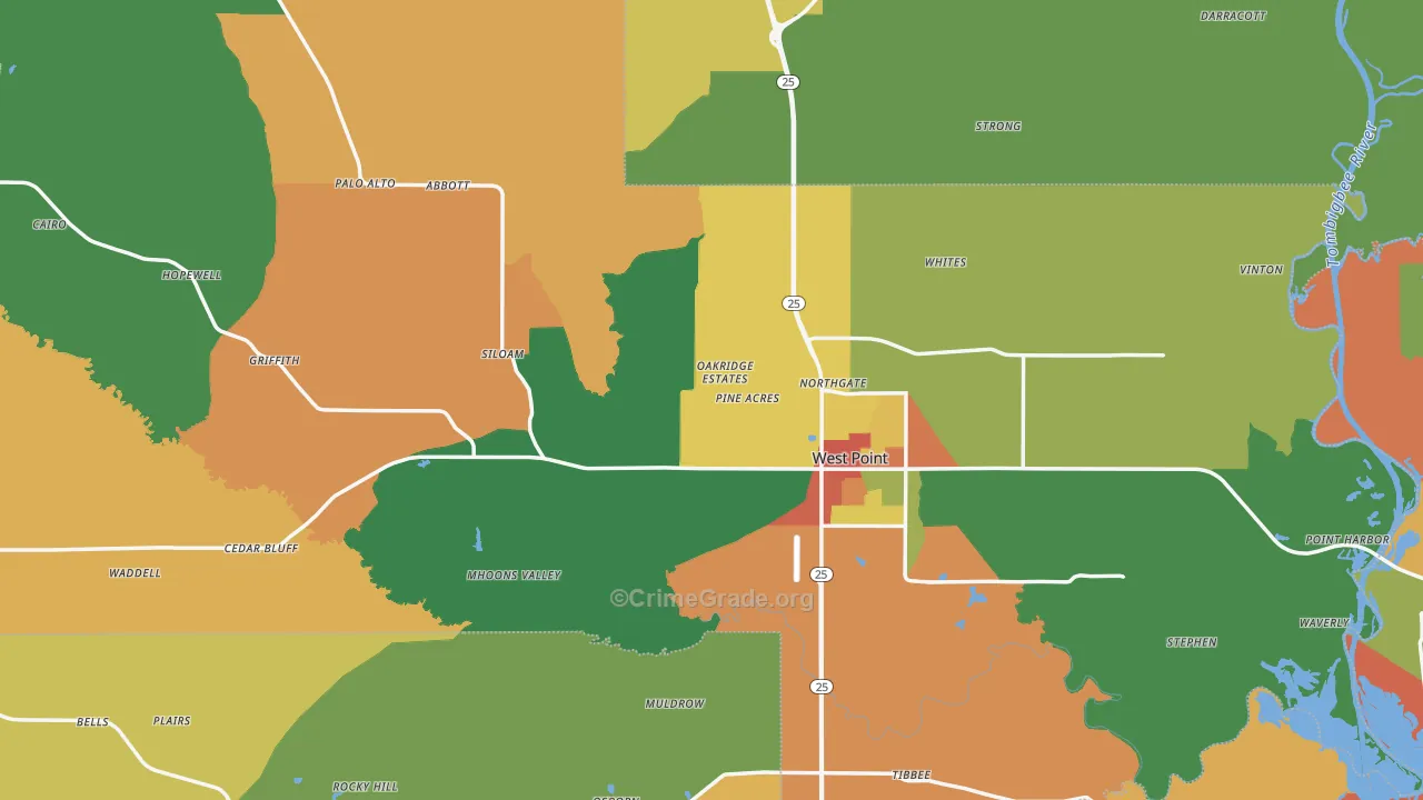 Clay County, MS Map of Robbery Rates