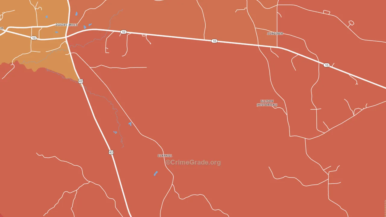 Clayhill, AL Map of Robbery Rates