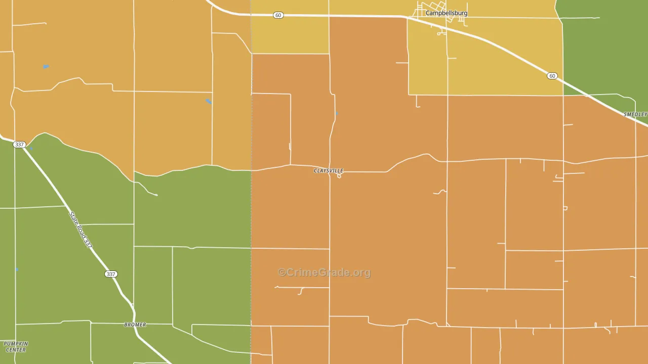 Claysville, IN Map of Robbery Rates