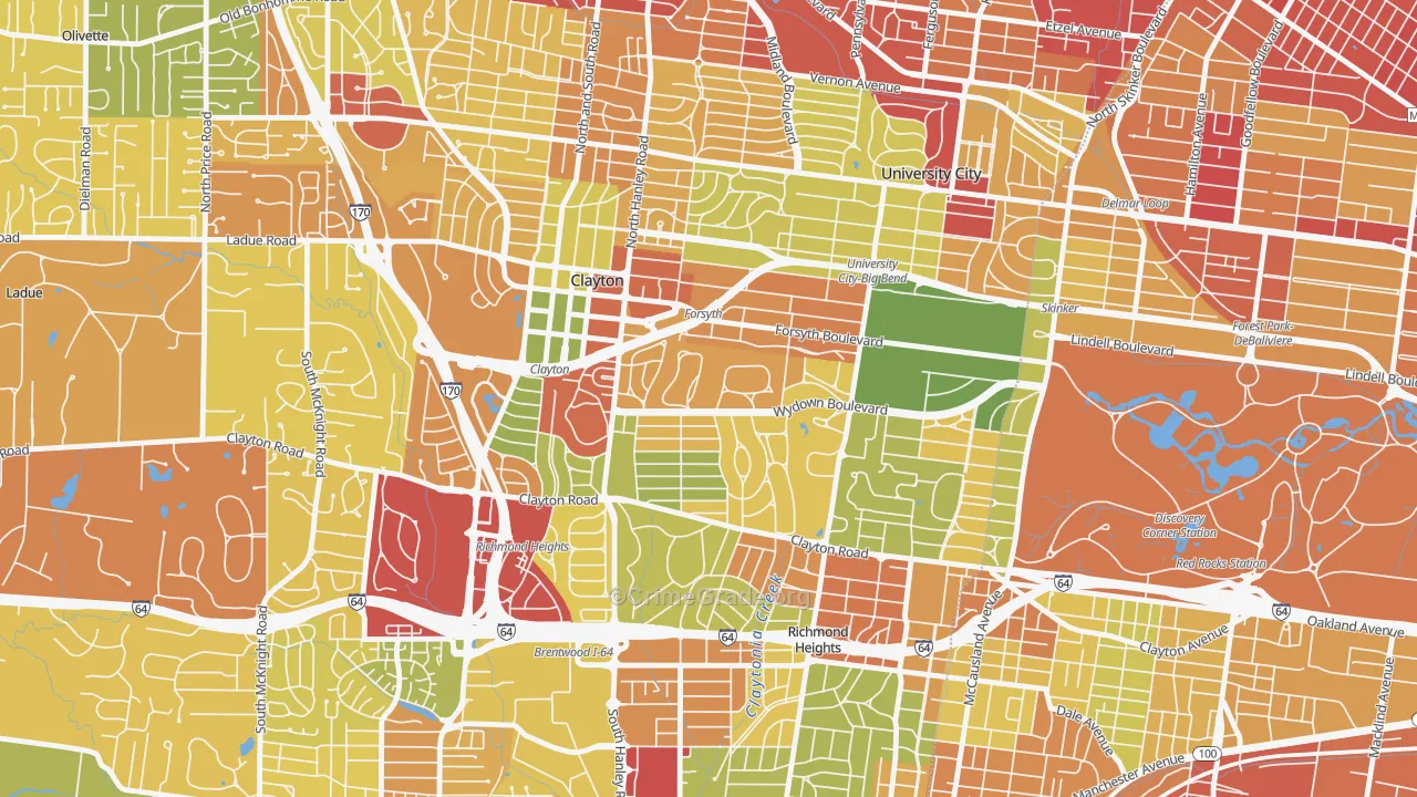 Clayton, MO Map of Robbery Rates