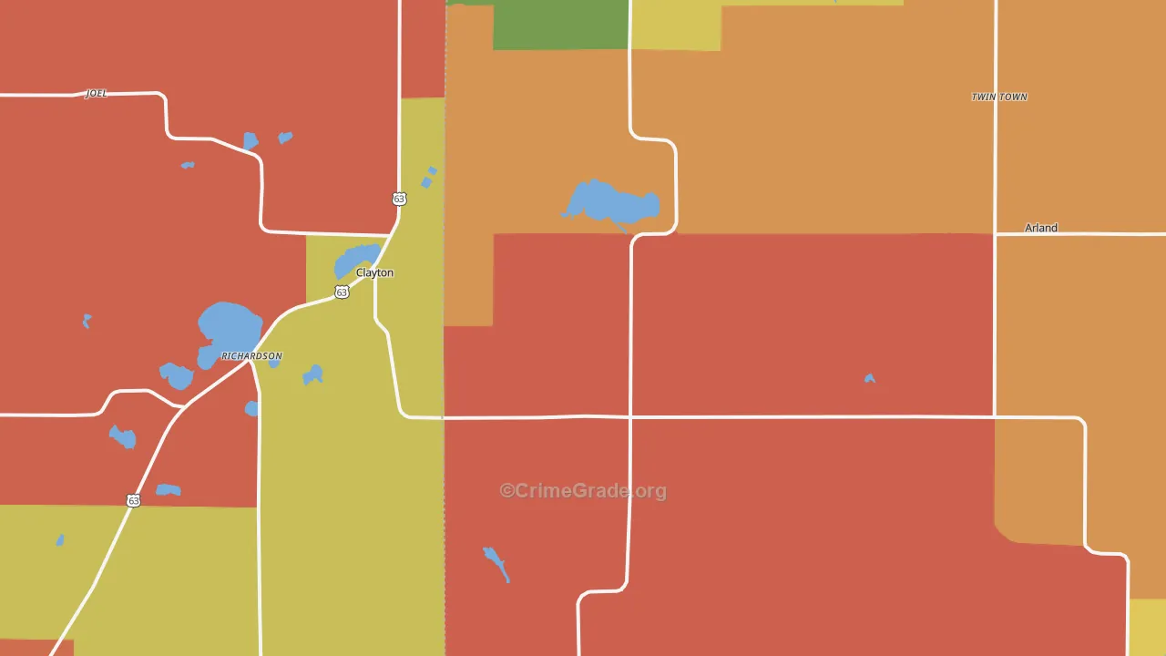 Clayton, WI Map of Robbery Rates
