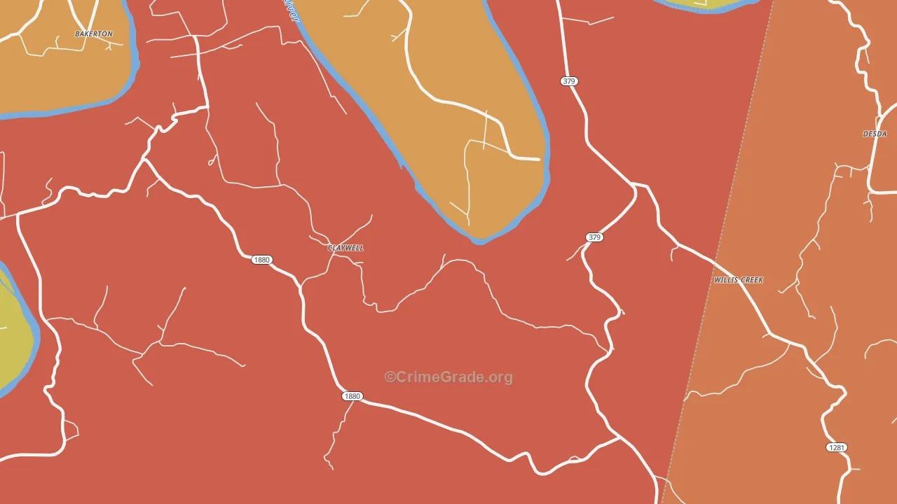 Claywell, KY Map of Robbery Rates
