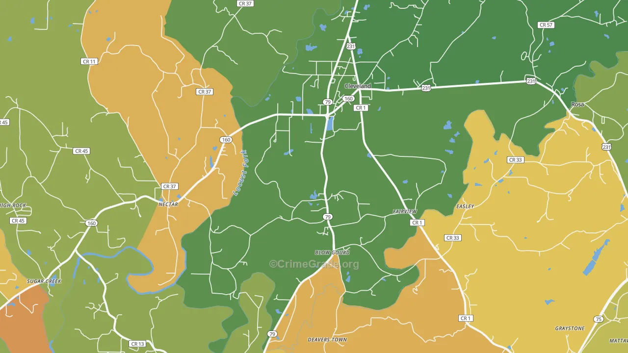 Cleveland, AL Map of Robbery Rates