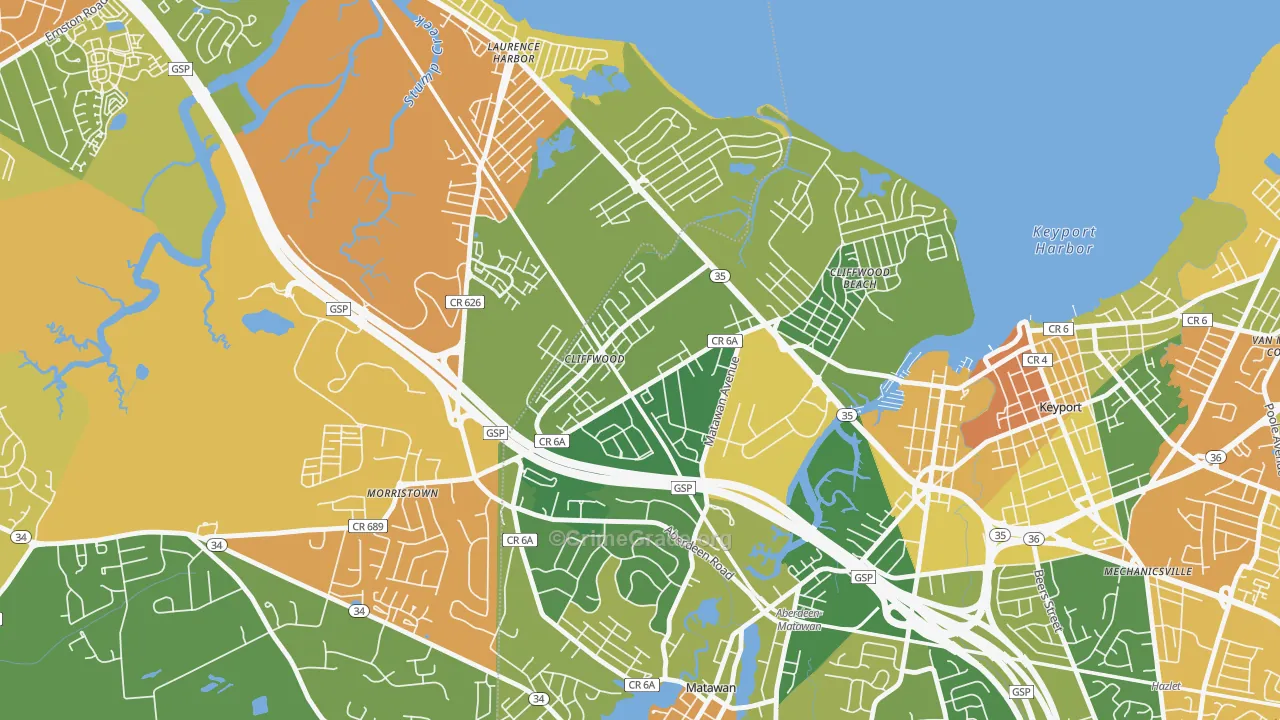 Cliffwood, NJ Map of Robbery Rates