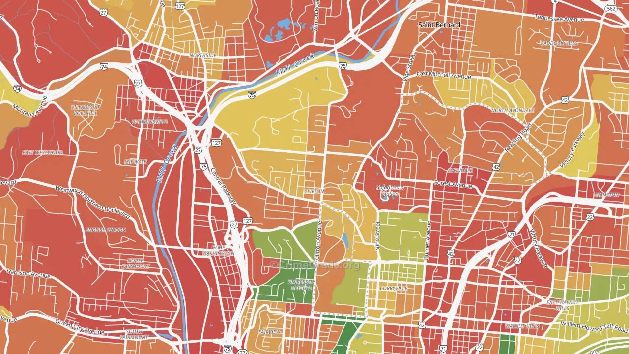 Clifton, Cincinnati, OH Map of Robbery Rates