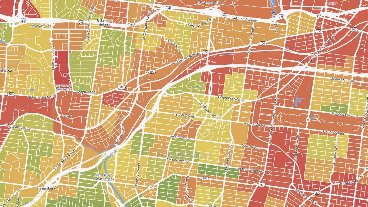 Clifton Heights, St. Louis, MO Map of Robbery Rates