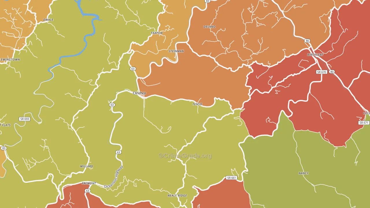 Clinchco, VA Map of Robbery Rates