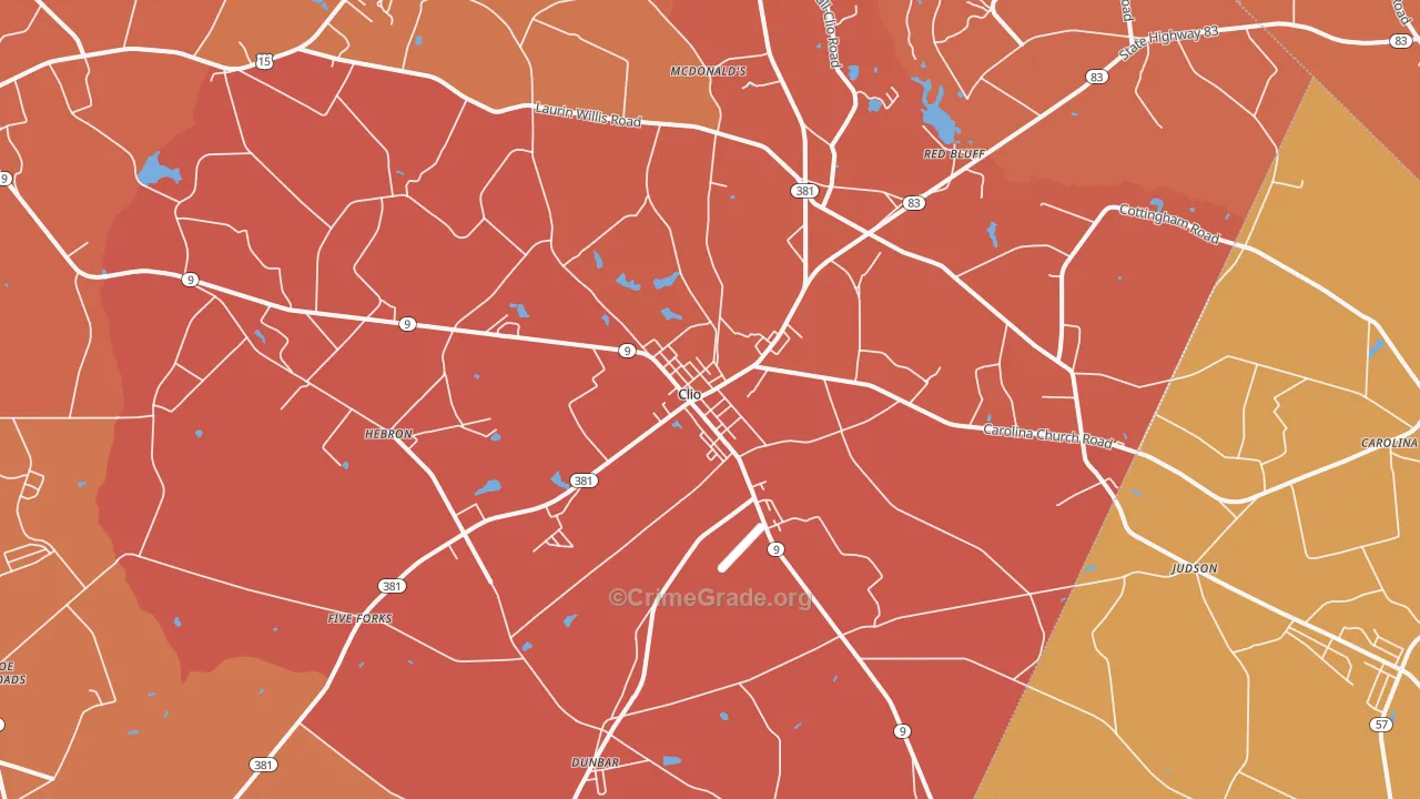 Clio, SC Map of Robbery Rates
