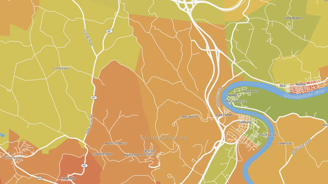 Coal Center, PA Map of Robbery Rates