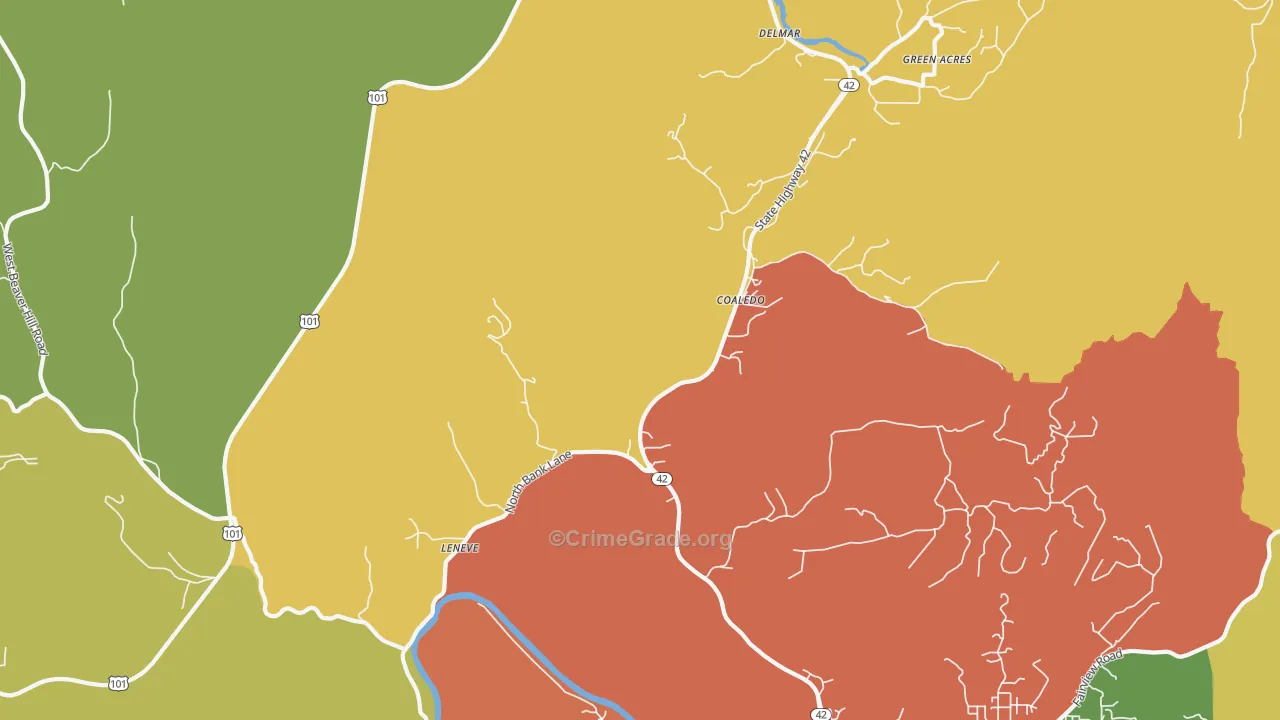 Coaledo, OR Map of Robbery Rates