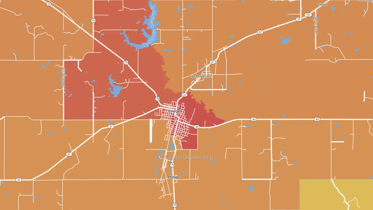 Coalgate, OK Map of Robbery Rates