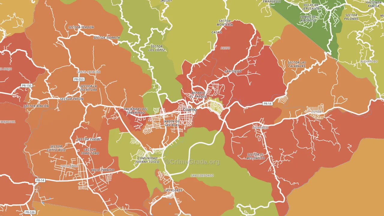 Coamo, PR Map of Robbery Rates