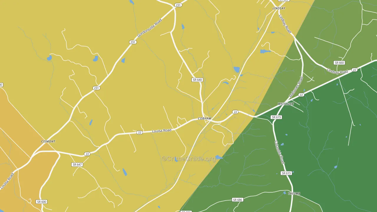 Cobham, VA Map of Robbery Rates