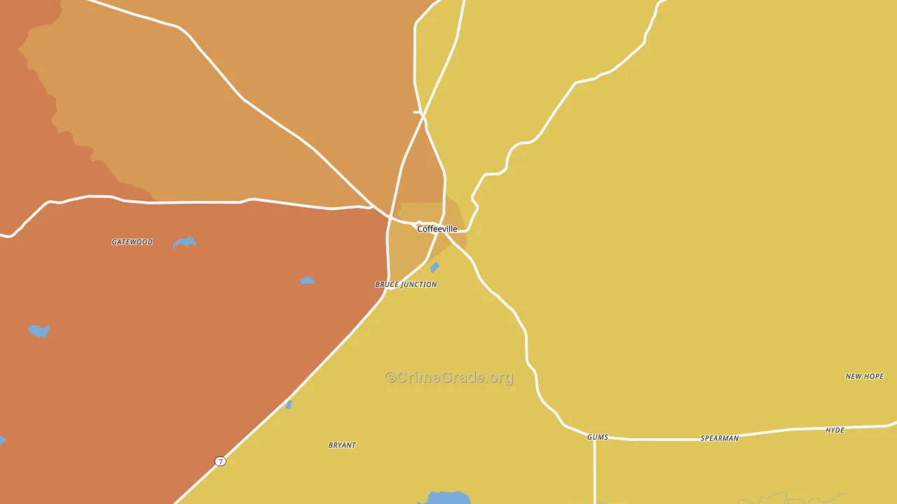 Coffeeville, MS Map of Robbery Rates