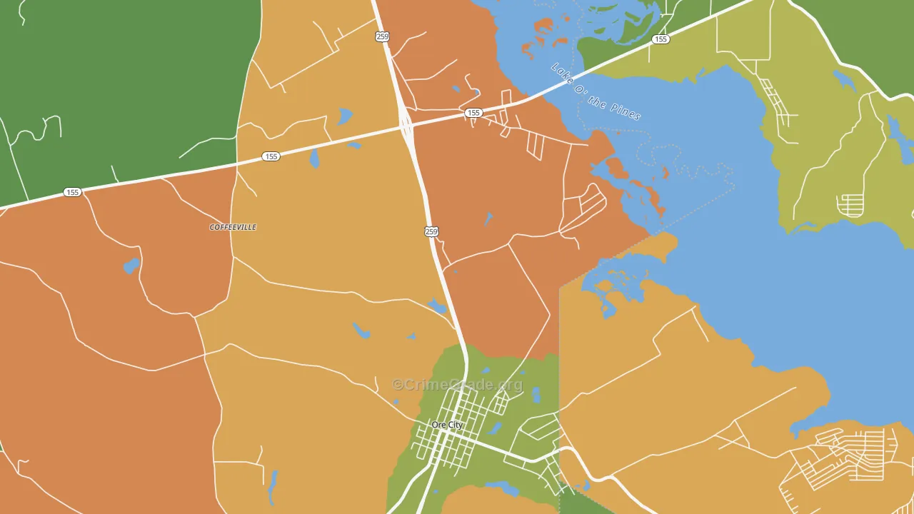 Coffeeville, TX Map of Robbery Rates