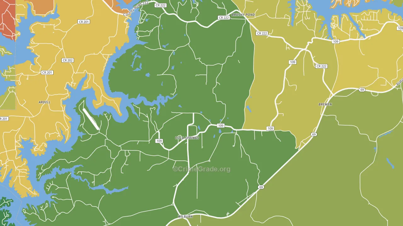 Cold Springs, AL Map of Robbery Rates