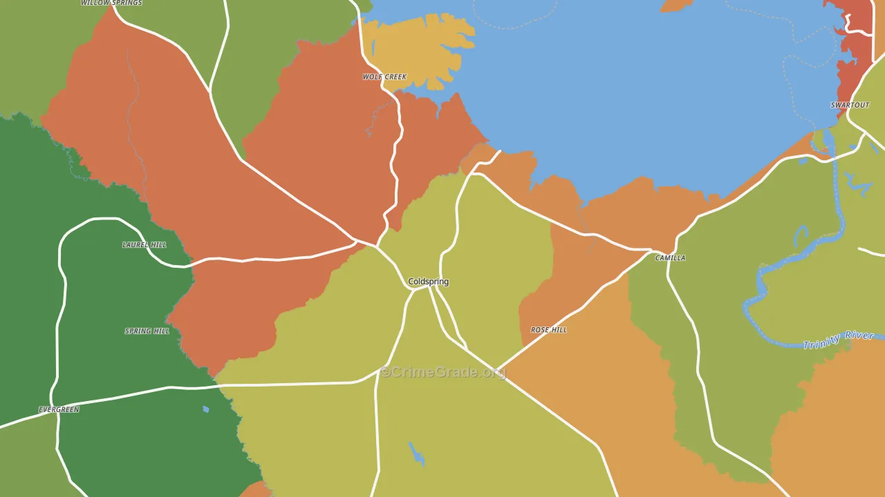 Coldspring, TX Map of Robbery Rates