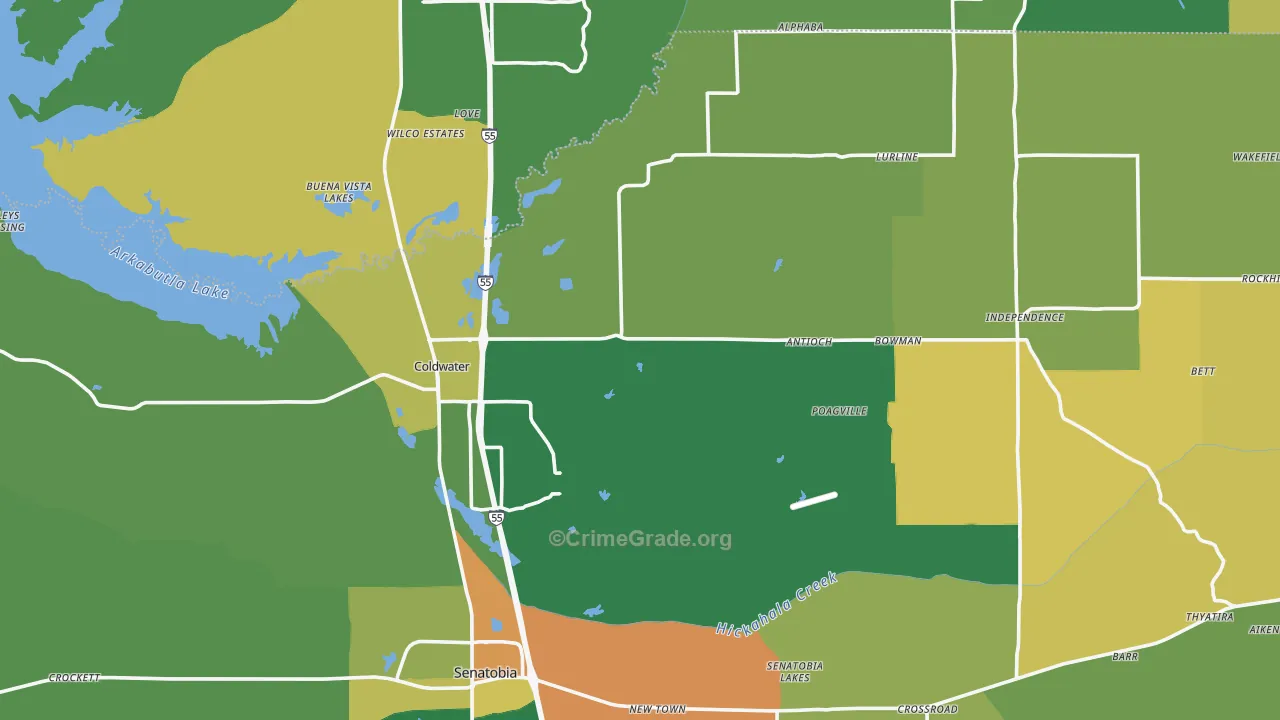 Coldwater, MS Map of Robbery Rates