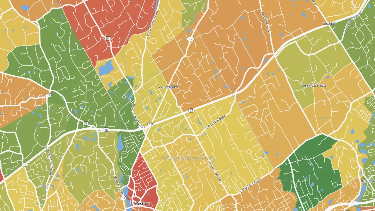 Coleytown, Westport, CT Map of Robbery Rates