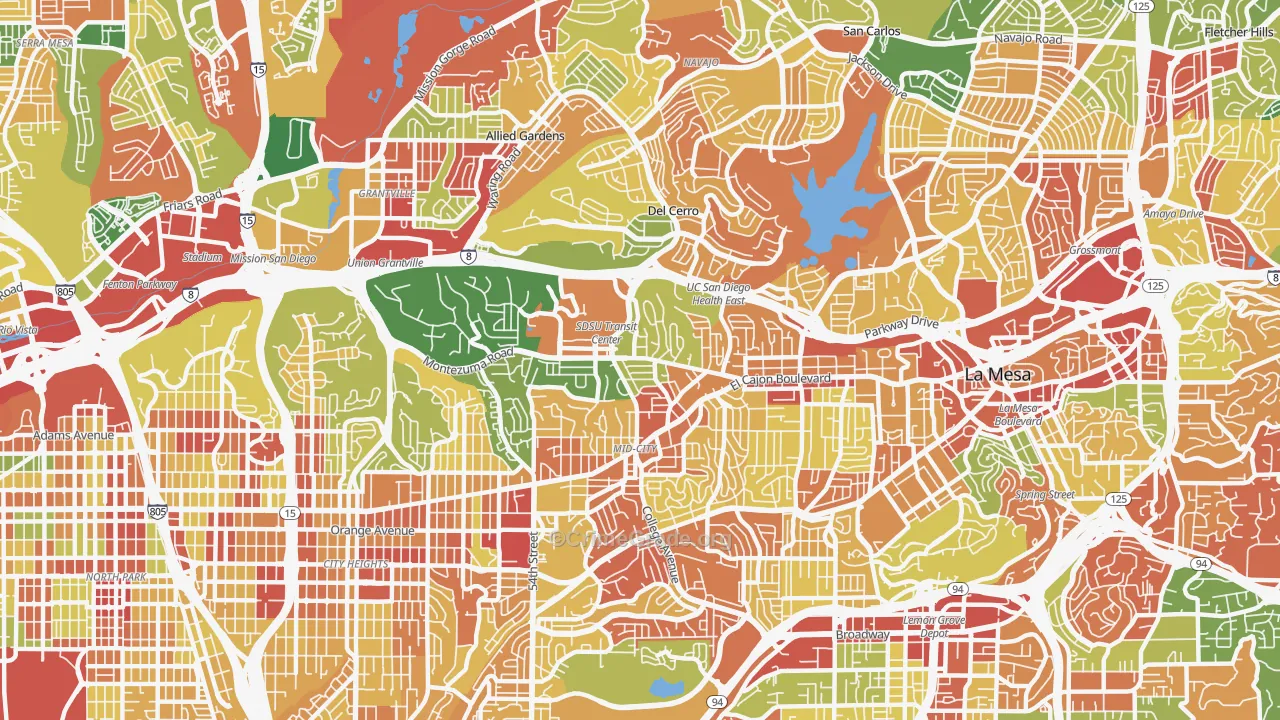 College Area, San Diego, CA Map of Robbery Rates