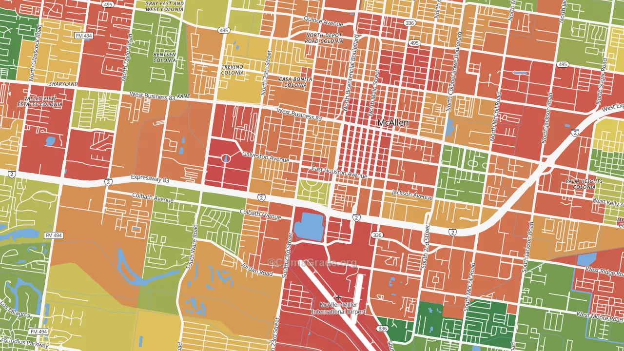 College Heights, McAllen, TX Map of Robbery Rates