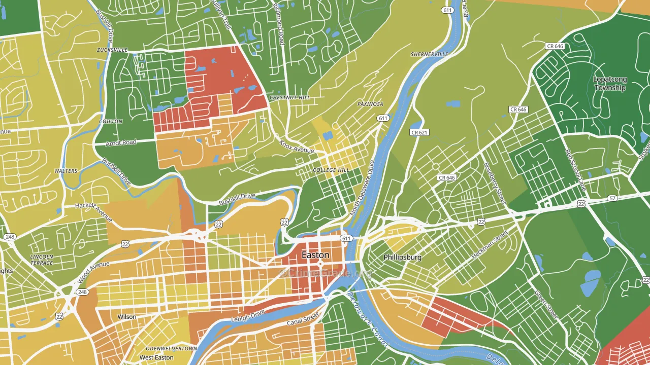 College Hill, Easton, PA Map of Robbery Rates