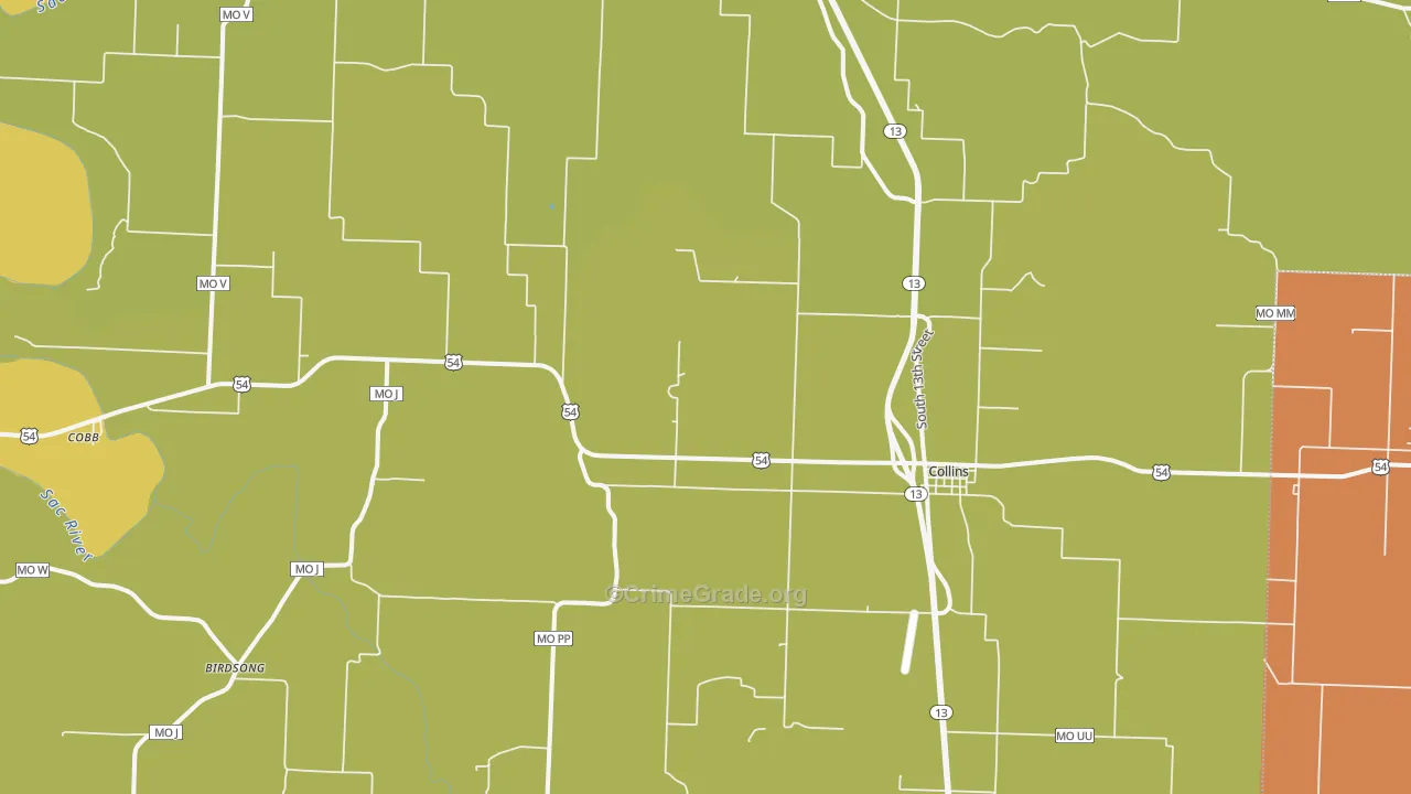 Collins, MO Map of Robbery Rates
