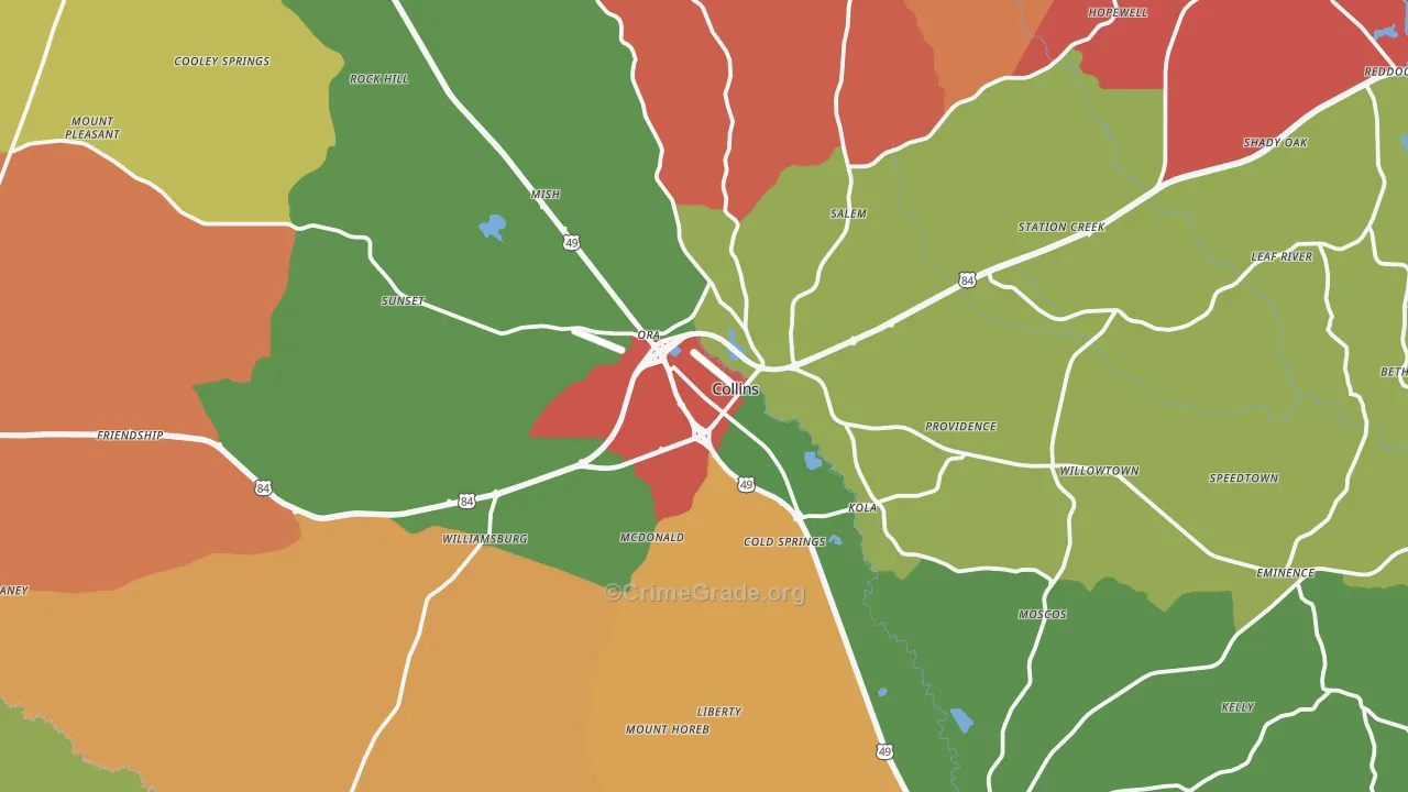 Collins, MS Map of Robbery Rates