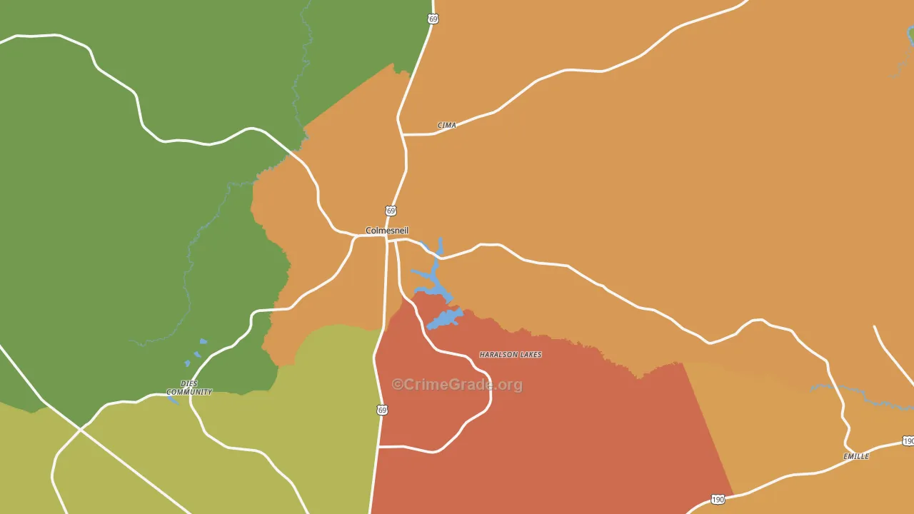 Colmesneil, TX Map of Robbery Rates