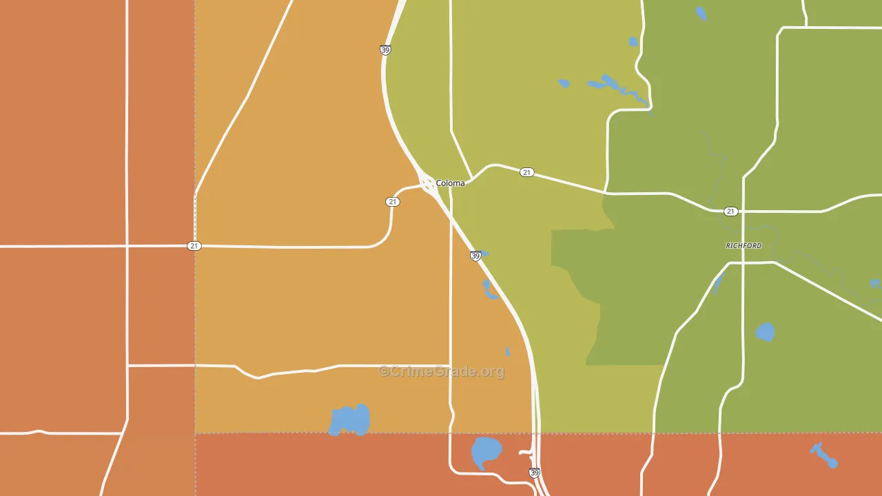 Coloma, WI Map of Robbery Rates