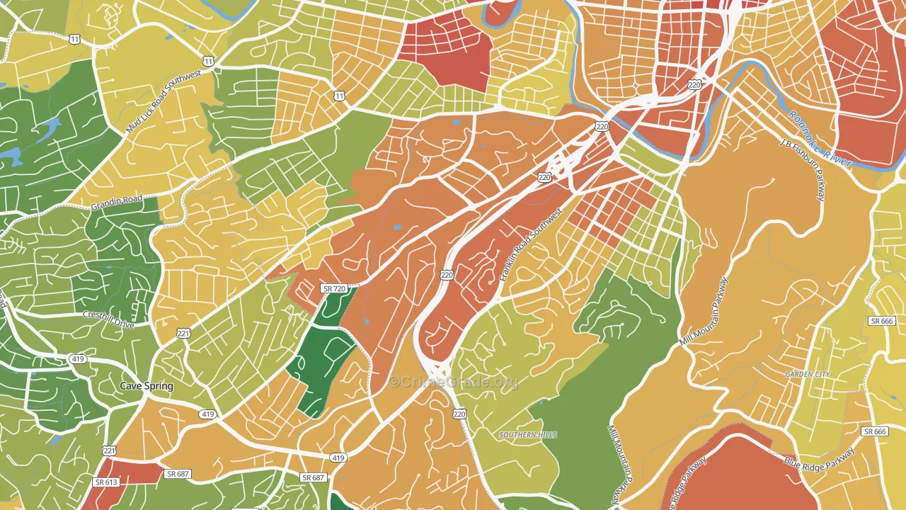 Colonial Avenue Area, Roanoke, VA Map of Robbery Rates