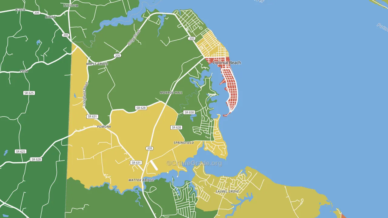 Colonial Beach, VA Map of Robbery Rates