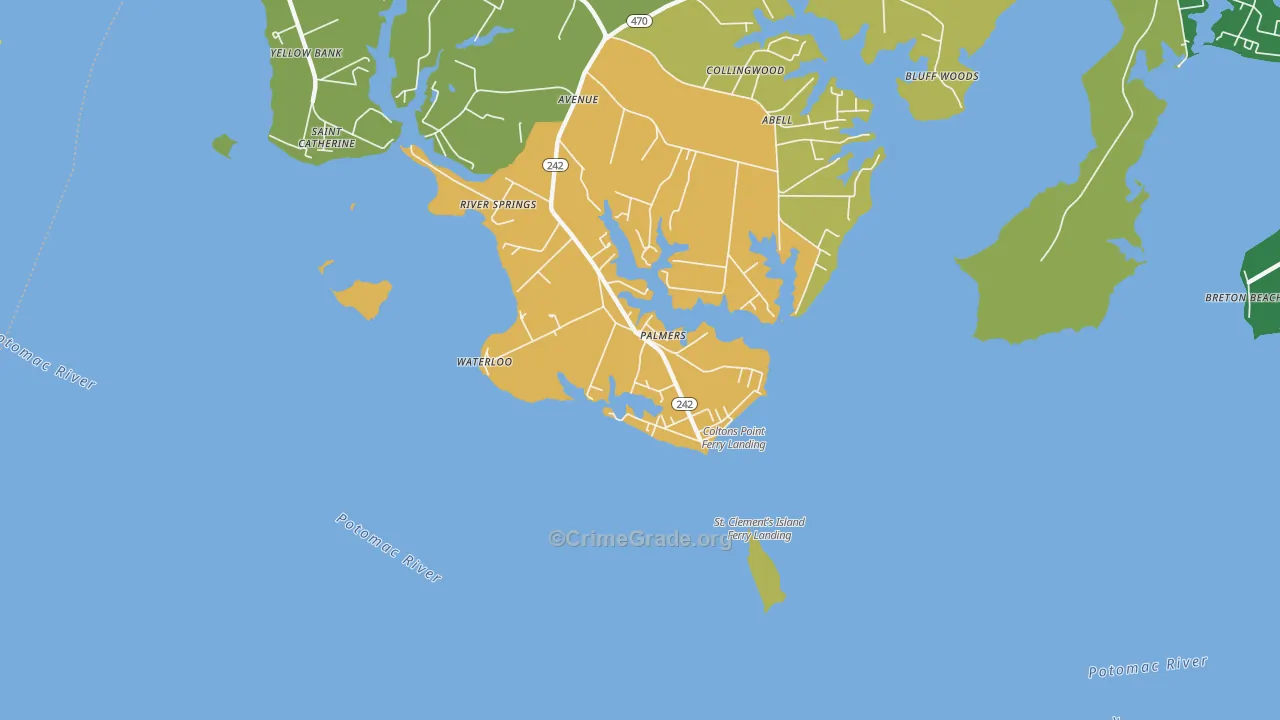 Coltons Point, MD Map of Robbery Rates