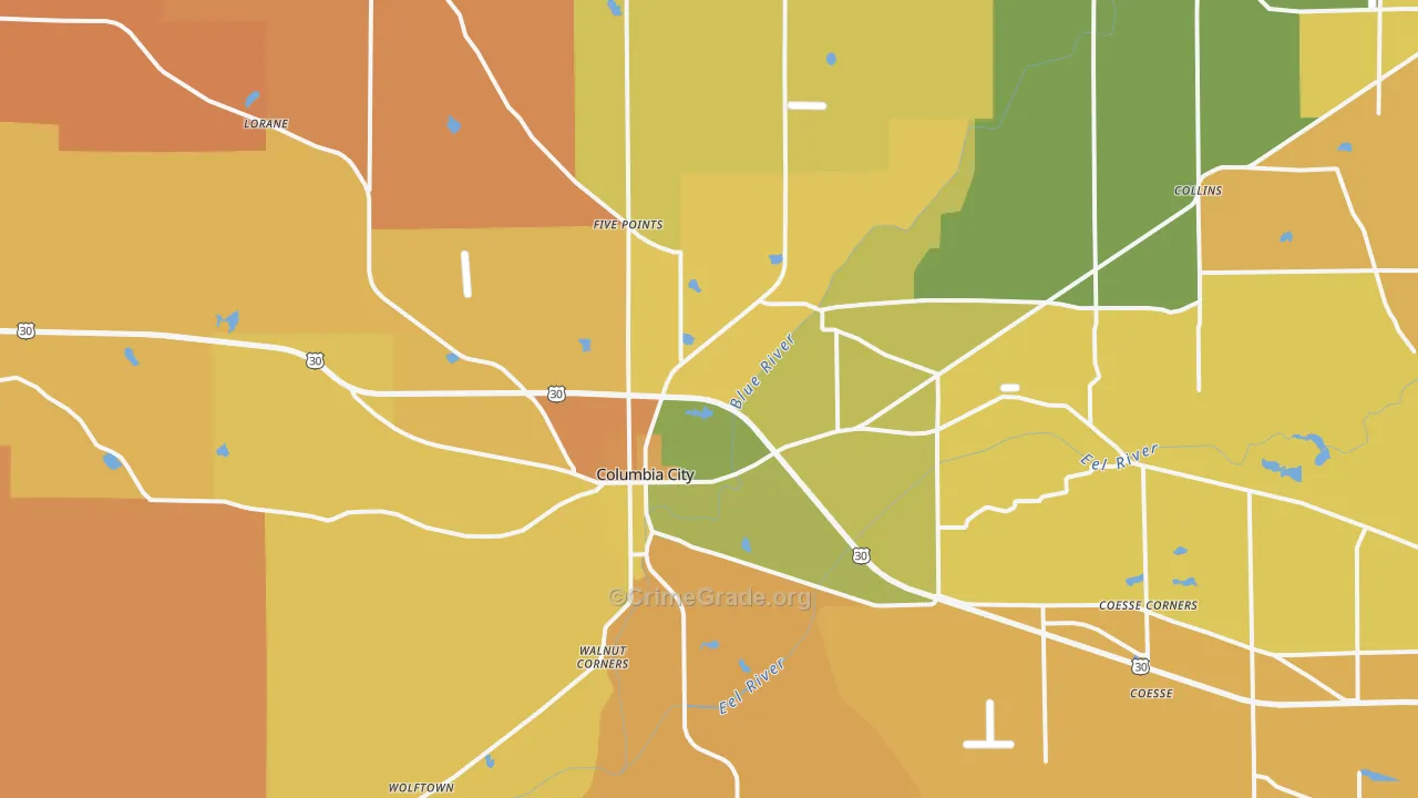 Columbia City, IN Map of Robbery Rates