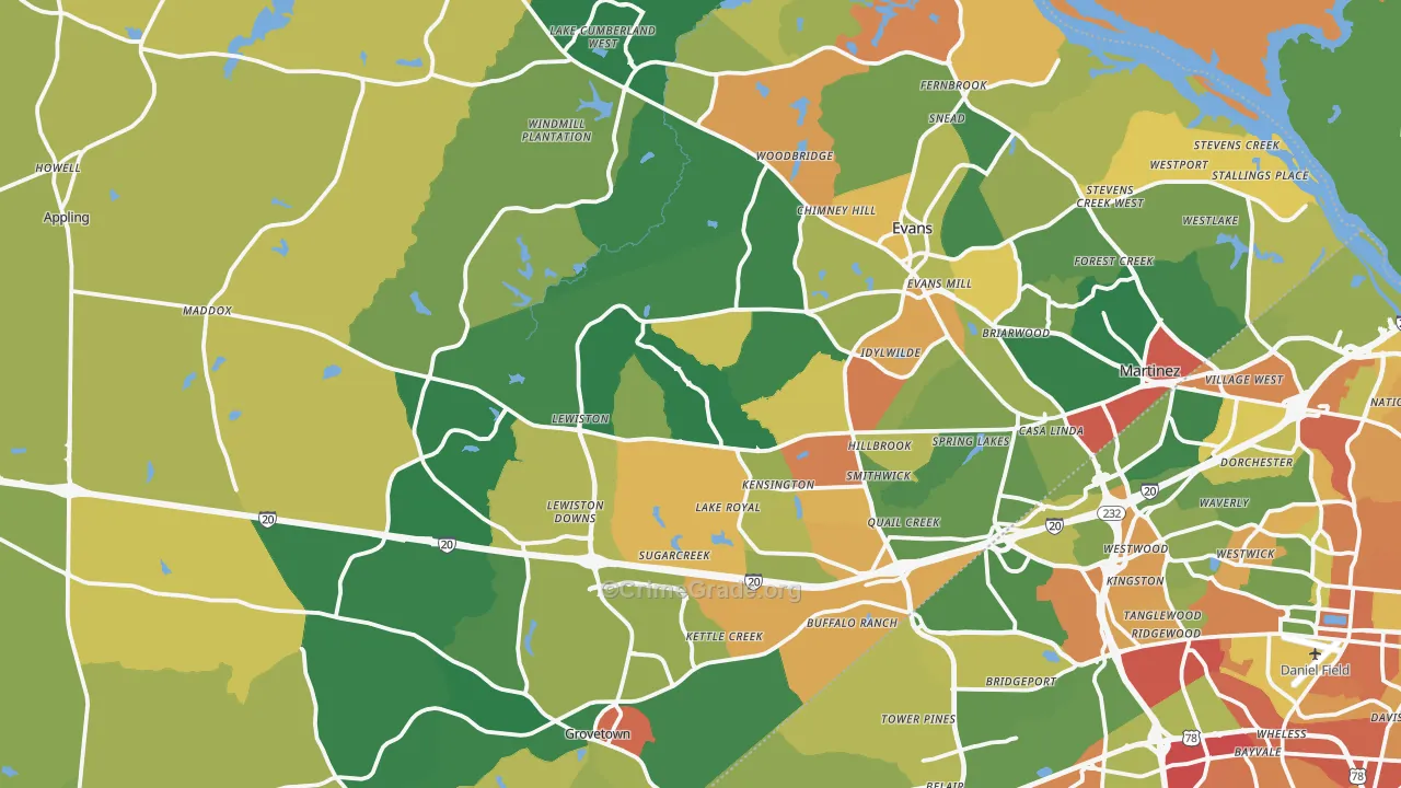 Columbia County, GA Map of Robbery Rates
