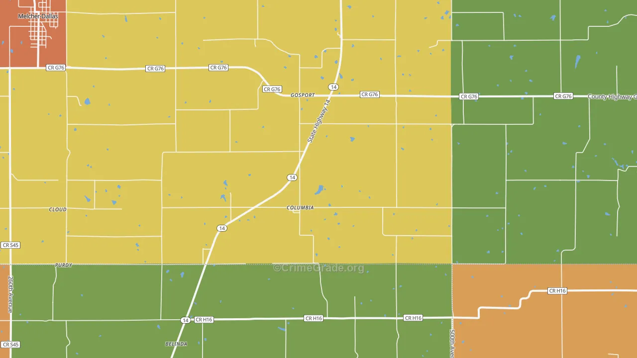 Columbia, IA Map of Robbery Rates