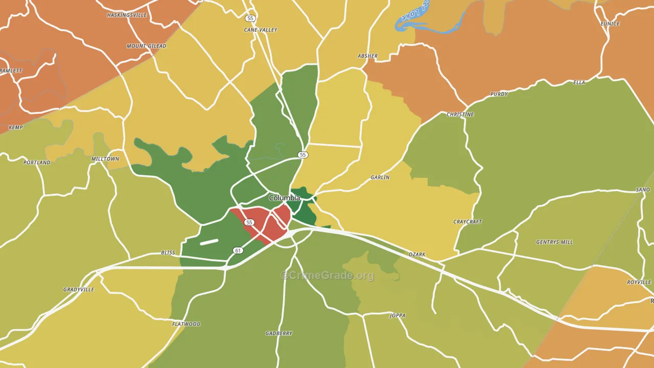 Columbia, KY Map of Robbery Rates