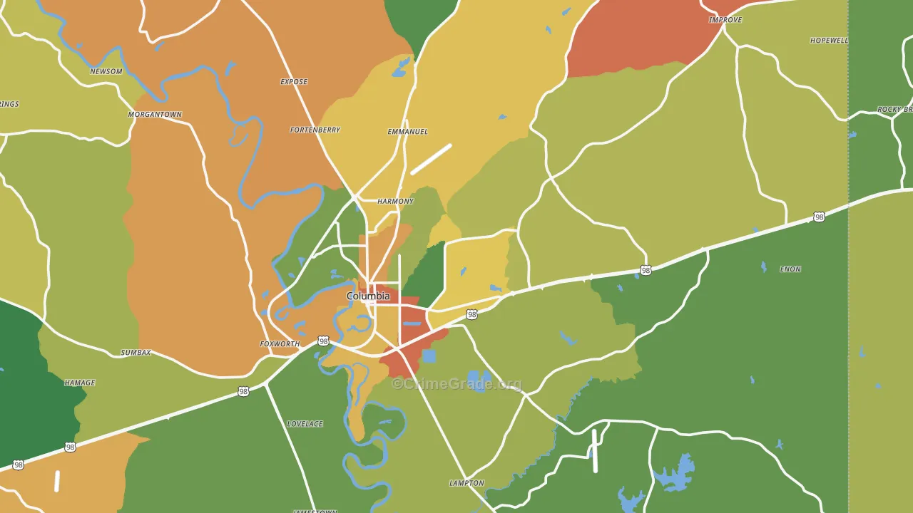 Columbia, MS Map of Robbery Rates