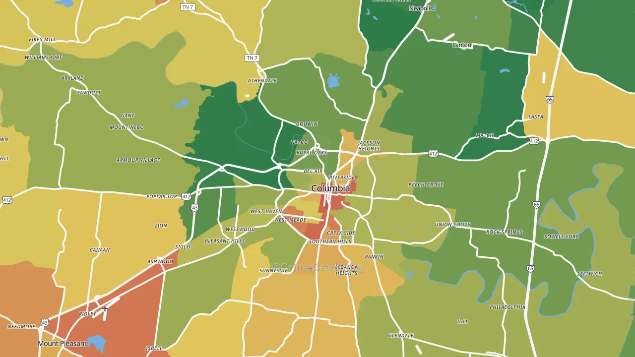Columbia, TN Map of Robbery Rates