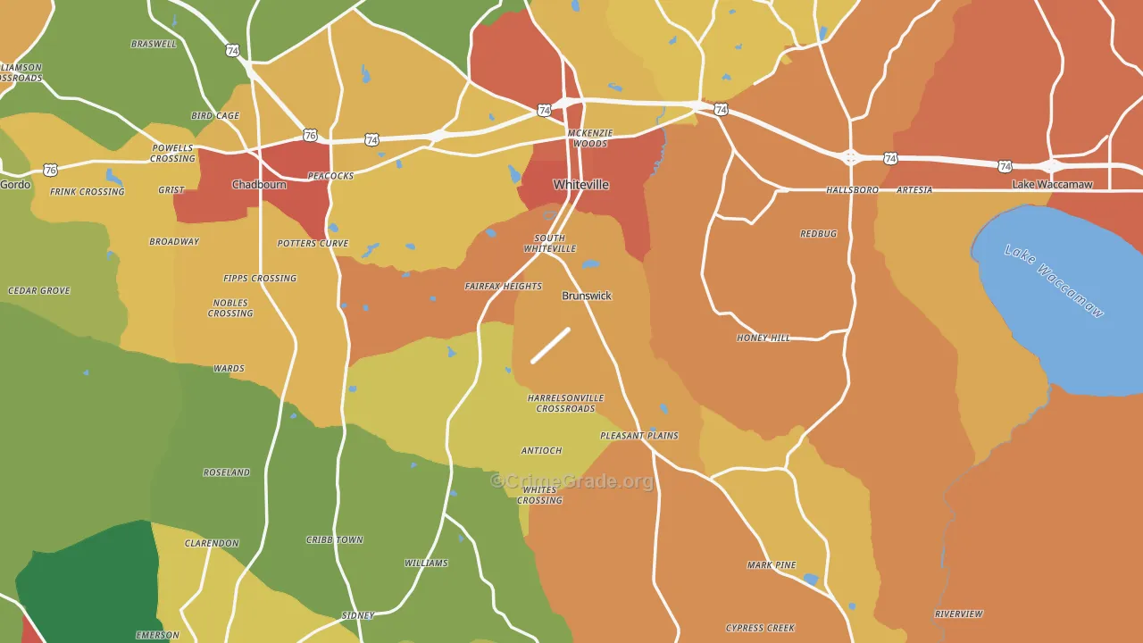 Columbus County, NC Map of Robbery Rates
