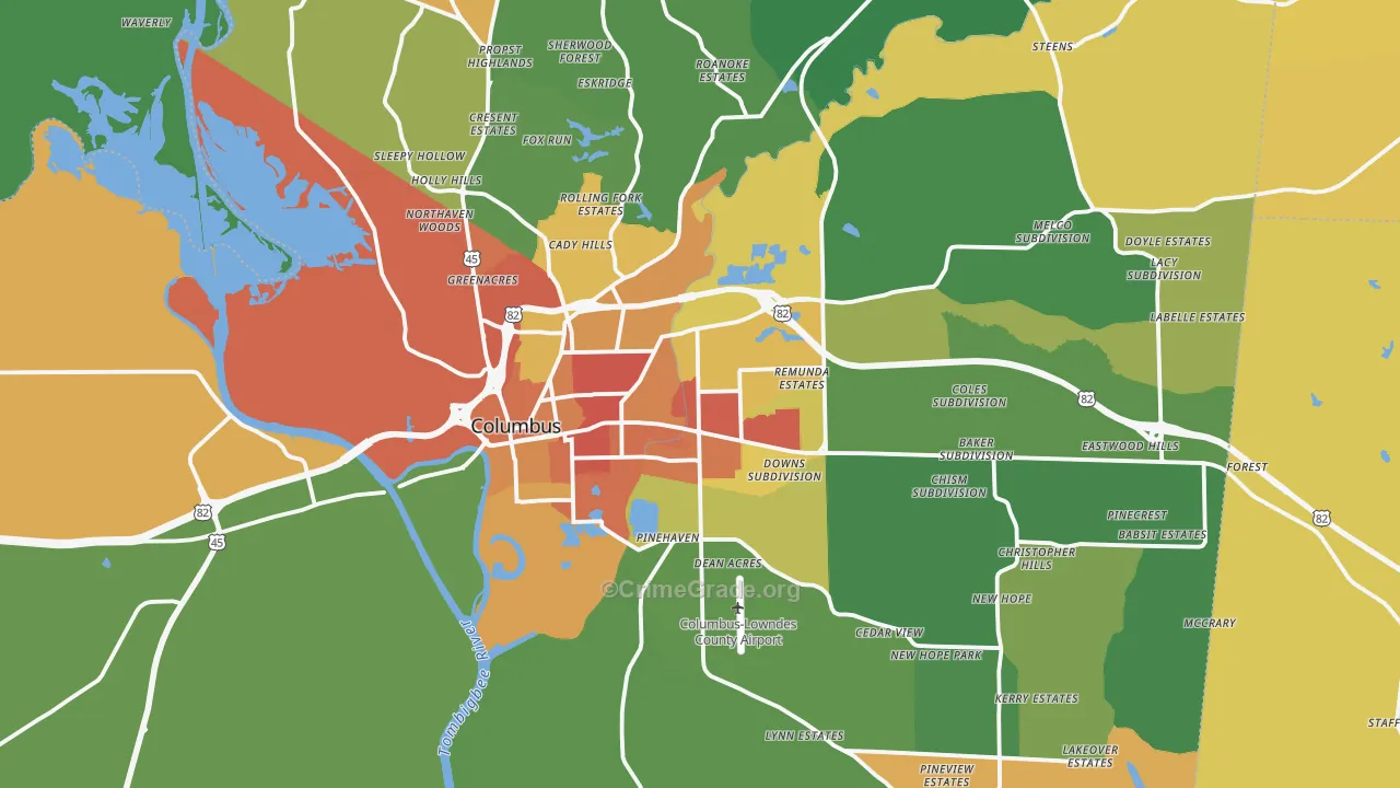 Columbus, MS Map of Robbery Rates